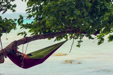 Havelock Adası, Andaman ve Nicobar Adaları okyanusuna bakan sahilde bir ağaca asılı bir hamak turist