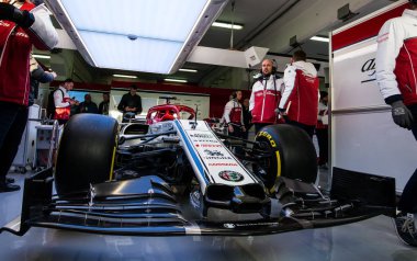 Barcelona, İspanya 18 Şubat 2019: Kimi Raikkonen formül bir Test gün, devre, Barcelona-Catalunya boyunca.