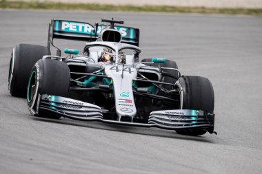 Barcelona, İspanya 20 Şubat 2019: Lewis Hamilton formül bir Test gün, devre, Barcelona-Catalunya boyunca.