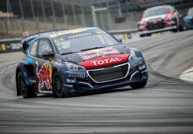 Barselona, İspanya - 28 Nisan 2019: Timmy Hansen, Barcelona Catalunya Pisti'nde düzenlenen Fia Dünya Ralli Kros Şampiyonası'nda.