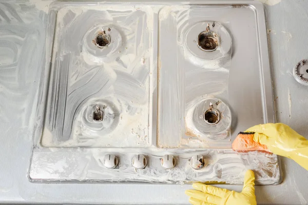 Las Manos Guantes Goma Amarilla Lavan Con Jabón Equipo Cocina — Foto de Stock