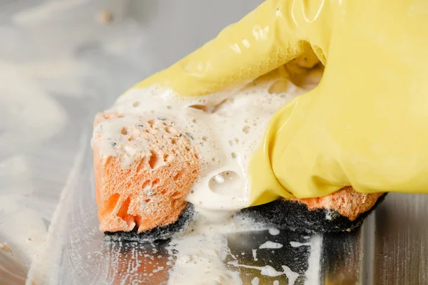 Detergent Cleaning Foam Gas Stove Surface Close Hand Yellow Glove — Stock Photo, Image