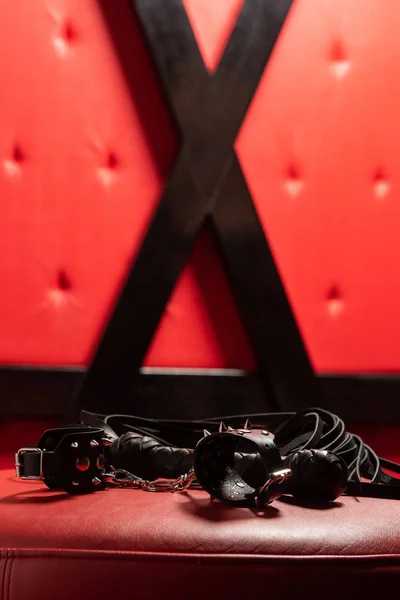 Sexy black leather toys on red sofa.