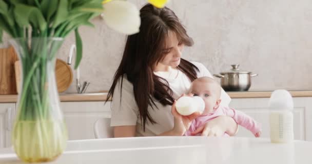 Mother feeding newborn with formula in a bottle — Stock Video