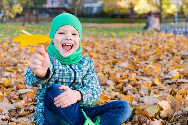 Lycklig leende pojke med lönnlöv utomhus — Stockfoto