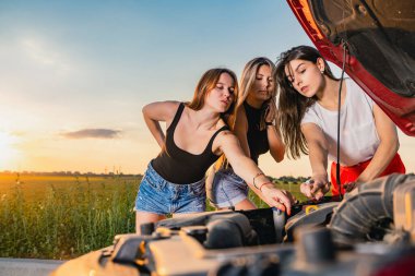 Yolculuk sırasında takılıp kalmış üç güzel kız arkadaş. Araç tamir etmeye çalışmak, açık kaputa bakmak, maceralar yaşamak.
