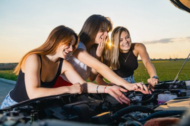 Genç kadınlar kırık araç kaputunun yanında durur, boş yolda nasıl araba tamir edileceğini öğrenmeye çalışırlar, maceralarla seyahat ederler.