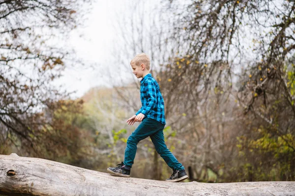 Dziecięca Aktywność Nastolatka Naturze Jeden Chłopiec Chodzący Upadłym Pniu Drzewa — Zdjęcie stockowe