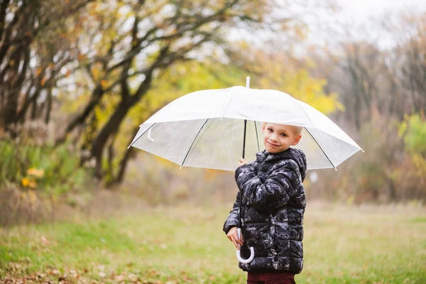 Mężczyzna Dziecko Wieku Szkoły Podstawowej Pozowanie Duży Przezroczysty Parasol Deszczu — Zdjęcie stockowe