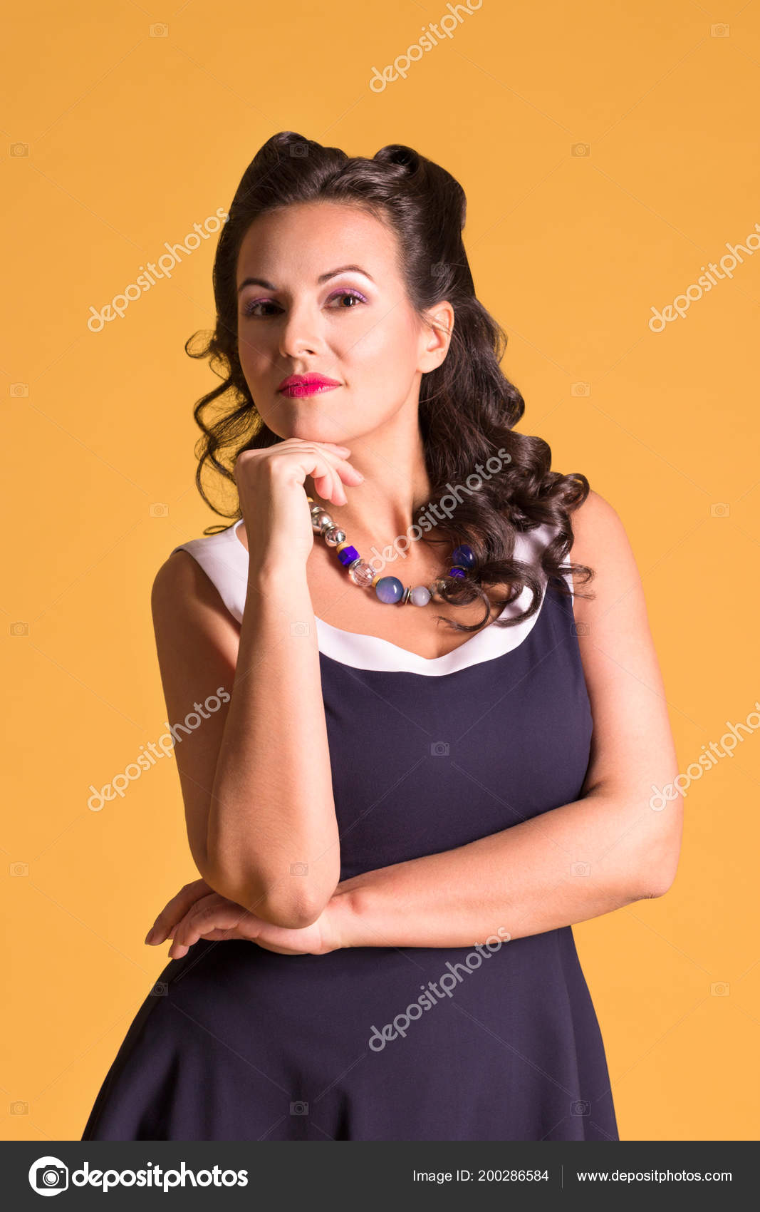 Smiling Young Woman Dress Hairdo Stands Yellow Studio Pin Style
