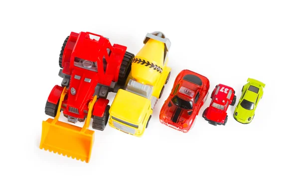 Five Construction Racing Colorful Toy Cars Isolated White Top View — Stock Photo, Image