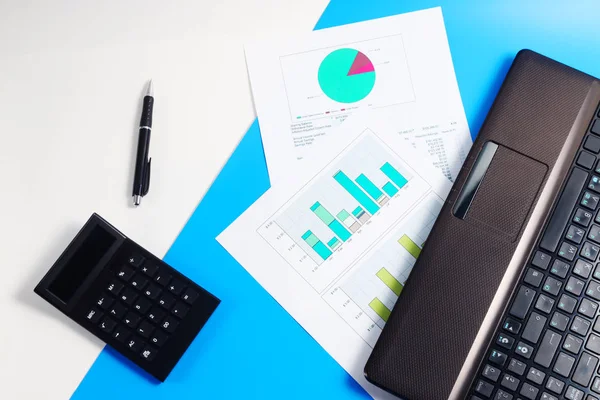 Dizüstü bilgisayar, hesap makinesi, diyagramları, grafikler, belgeler, beyaz ve mavi zemin üzerine kalem parçası