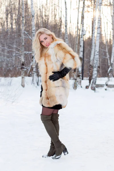 Hübsche Blondine Pelzmantel Lederhandschuhe Posiert Draußen Wintertag Park — Stockfoto