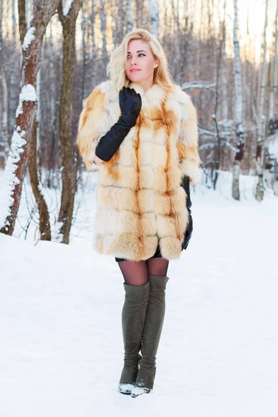 Loira Bonita Casaco Pele Botas Posa Livre Dia Inverno Parque — Fotografia de Stock