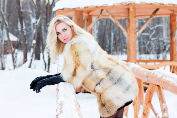 Güzel sarışın kürk ceket, deri eldiven açık kış gününde Park ağaç dikme ile poz veriyor