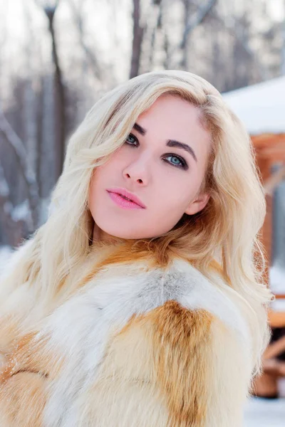 Schöne Blondine Pelzmantel Posiert Winter Tag Park Nahaufnahme — Stockfoto