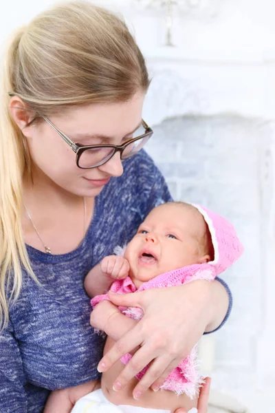 Pretty Woman Glasses Poses Angry Baby White Studio — Stock Photo, Image