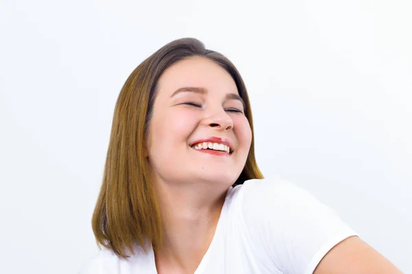 Pretty Happy Girl Teenager Shirt Laughs White Studio — Stock Photo, Image
