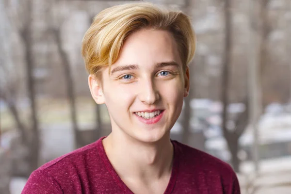 Handsome Blond Boy Teenager Shirt Smiles Window Room Close — Stock Photo, Image