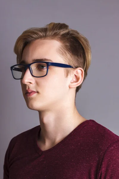 Boy Teenager Glasses Poses Grey Studio Close Portrait — Stock Photo, Image