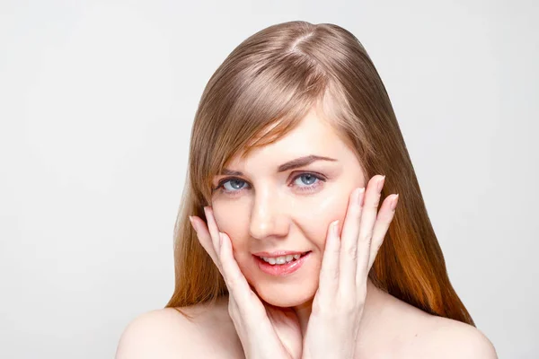 Happy Young Woman Make Touches Cheeks Studio Close Portrait — Stock Photo, Image