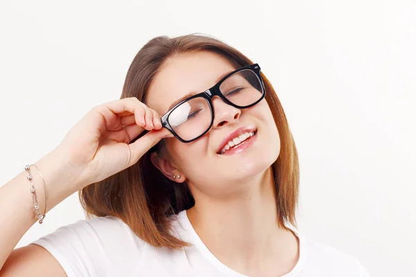 Beautiful Happy Girl Teenager Glasses Smiles White Studio Stock Picture