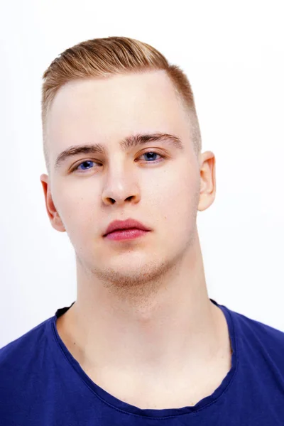 Young Blond Man Blue Shirt Poses Studio Close Portrait — Stock Photo, Image