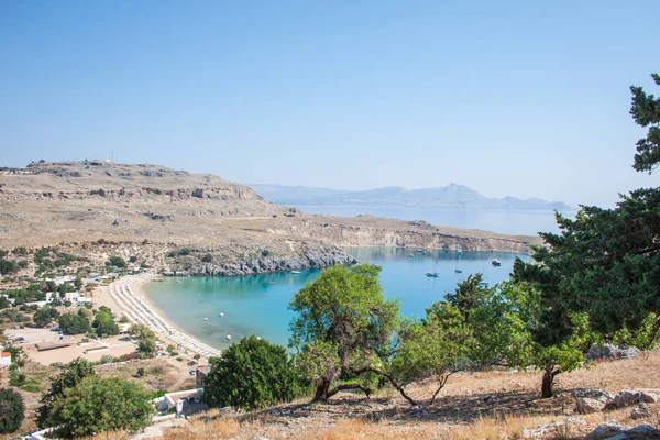 Vue Port Lindos Depuis Acropole Sur Île Rhodes — Photo