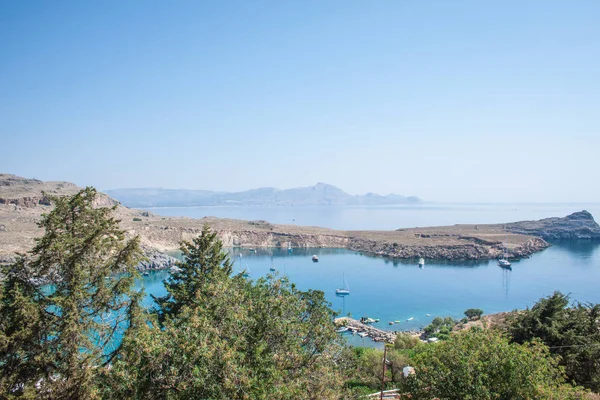 Vue Port Lindos Depuis Acropole Sur Île Rhodes — Photo