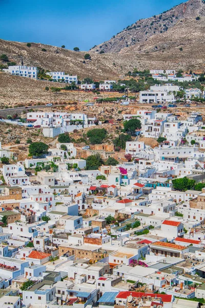 Vue Ville Lindos Depuis Acropole Sur Île Rhodes — Photo