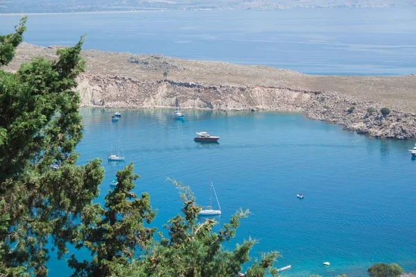 Uitzicht Haven Van Lindos Van Acropolis Rhodos Eiland — Stockfoto