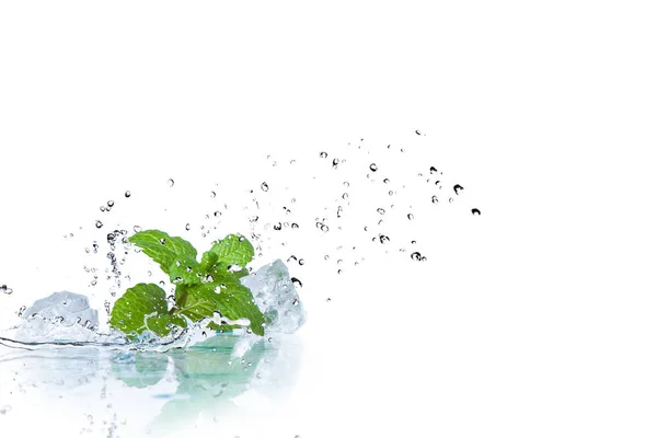 Ijsblokjes Spetterend Water Met Mint Een Witte Achtergrond — Stockfoto