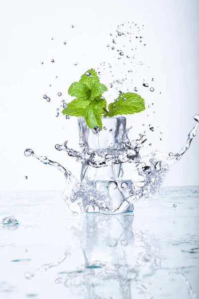 Ijsblokjes Spetterend Water Met Mint Een Witte Achtergrond — Stockfoto