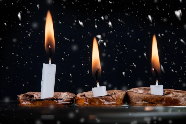 Velas Navidad Cáscara Nuez Superficie Del Agua —  Fotos de Stock