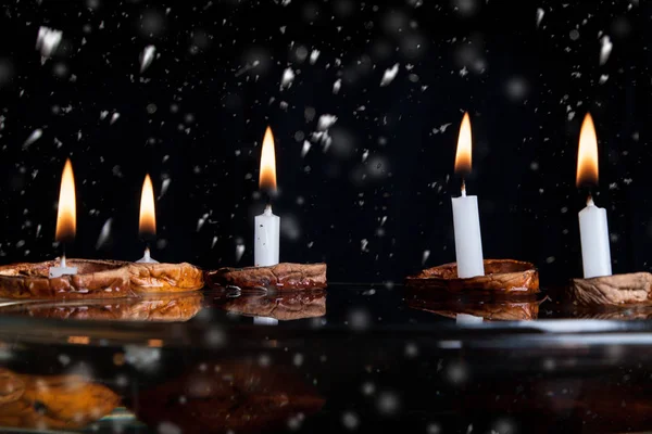 Velas Navidad Cáscara Nuez Superficie Del Agua —  Fotos de Stock