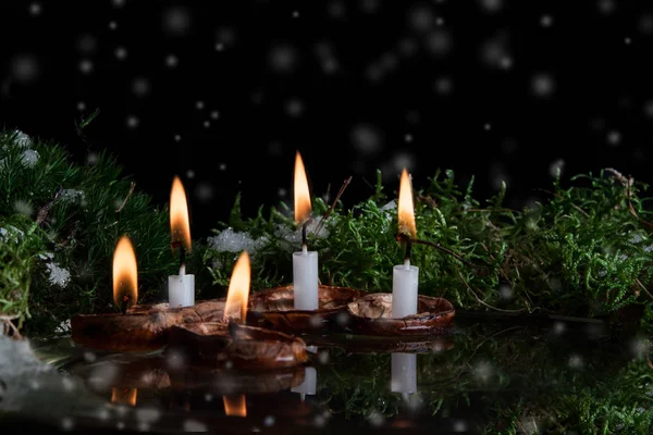 Christmas Candles Walnut Shell Water Surface — Stock Photo, Image