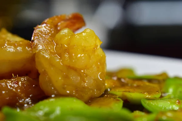 Thai Foodstir Fried Shrimp Uma Comida Muito Saborosa Saborosa — Fotografia de Stock