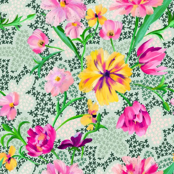 Summer floral ornament. Flower bed. Sophisticated abstract fantasy flowers on small meadow daisies texture. Botanical floral seamless pattern.