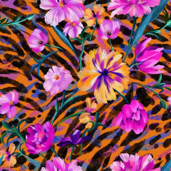 Sophisticated floral seamless pattern. Mixed garden flowers with watercolor striped animal skin tiger zebra texture. Botanical ornament for fashion design, textile and fabric.