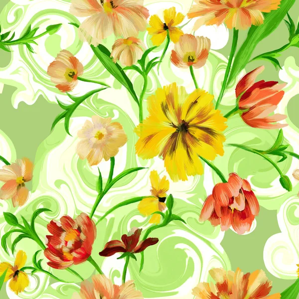 Sophisticated floral seamless pattern. Mixed bright garden flowers on abstract swirl twisted fractal background. Botanical ornament for fashion design, textile and fabric.