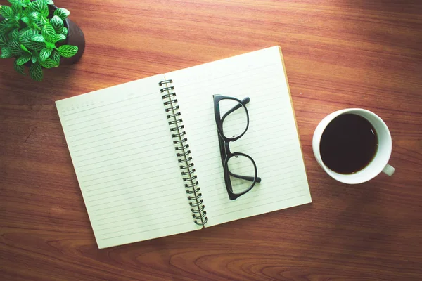 Workspace Composed Computers Trees Eyeglasses Book Cup Coffee Room — ストック写真