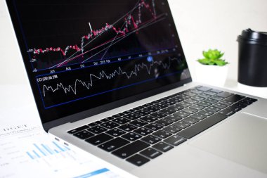 Dizüstü bilgisayar ekranı finansal grafikleri ve grafikleri 