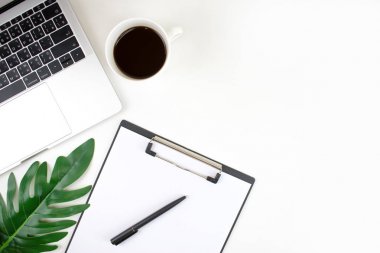 Düz yatıyordu, dizüstü bilgisayar ile Üst görünüm ofis masa masası, palmiye yaprağı, değil