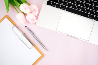 Kadın çalışma aksesuarları pembe pastel pembe kağıt düz yalan. 
