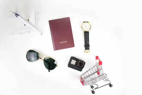 Plan travel and shopping with accessories on the basket. Concept