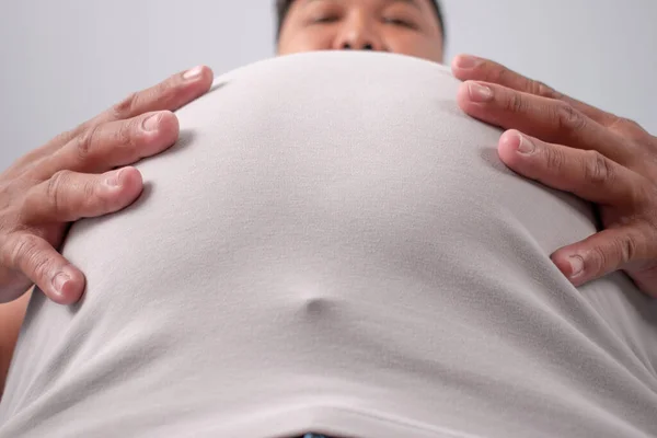 Closeup Belly Asian Fat Man Wearing Gray Shirt — Stock Photo, Image
