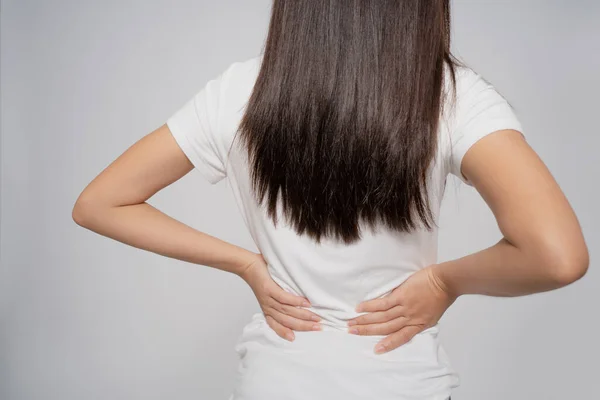 Asian Woman Has Back Pain She Used Her Hands Massage — Stock Photo, Image