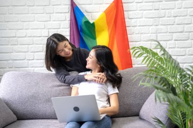 Mutlu Asyalı güzel lezbiyen çift evdeki oturma odasında dizüstü bilgisayar kullanıyor. Video görüşmesi, toplantı..