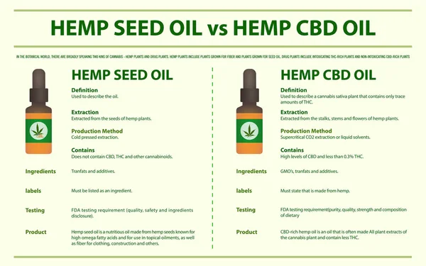 Aceite de semilla de cáñamo vs aceite de cáñamo CBD infografía horizontal — Archivo Imágenes Vectoriales