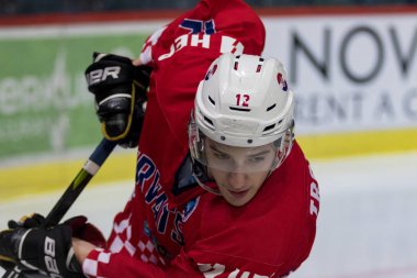Zagreb, Hırvatistan - 15 Ocak 2019: U20 Hokey Şampiyonası Hırvatistan ve Nederland. Hokey oyuncusu iş başında.